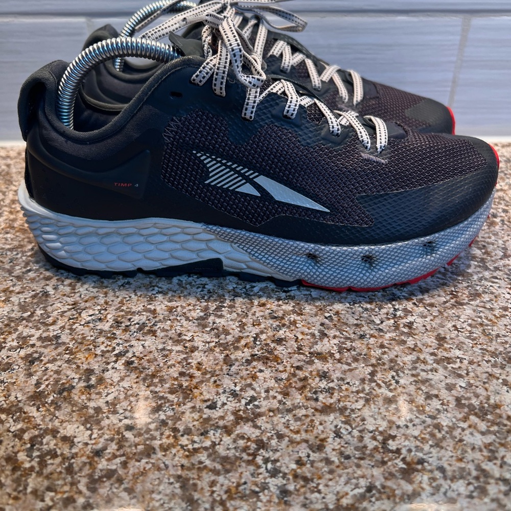 Altra Men's Black and White Trail Running Shoes with Red Accents